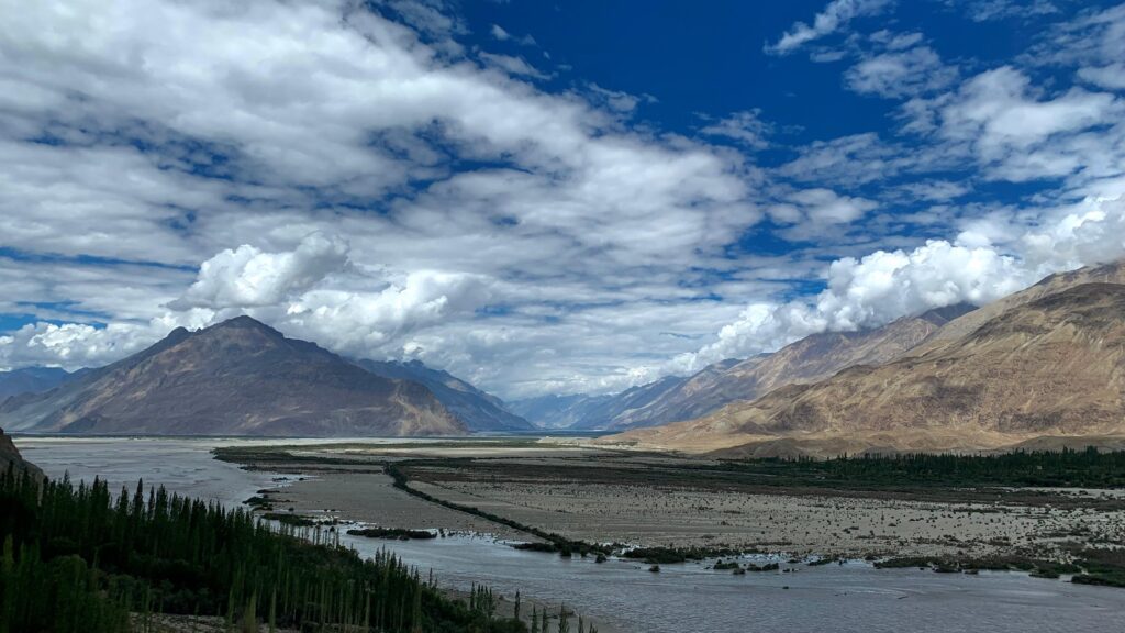 Morning view across Nubra Valley in Ladakh, India, where the Himalayan landscape provides a peaceful setting for morning sadhana, meditation and Arhatic Yoga practice.